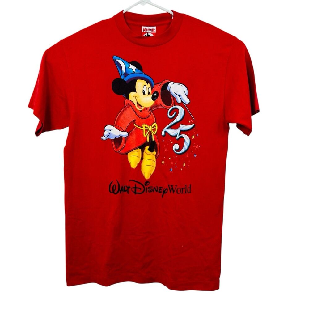 Walt Disney World 25th Anniversary T-Shirt Mickey Mouse Fantasia 1996 Sz L Red
